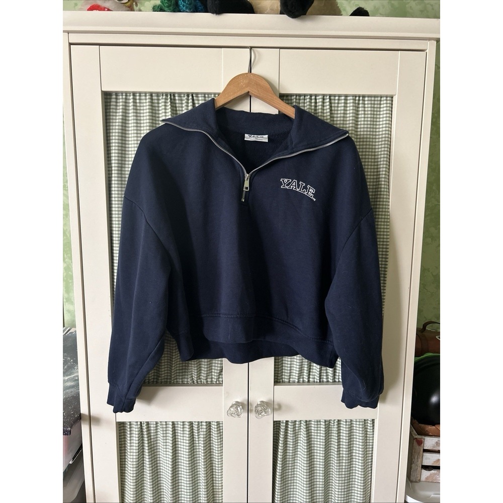 Yale University Sweatshirt Womens M Blue Long Sleeve Half Zip Cropped Primark